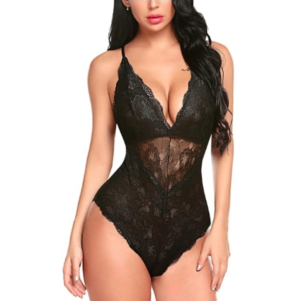 Sexy Snap Crotch Lingerie Lace Bodysuit Deep V Teddy One Piece Babydoll Black